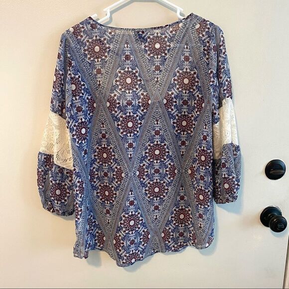 Como Vintage Women's Top Small Crochet Lace Semi Sheer 3/4 Sleeve Boho Flowy - Picture 5 of 7
